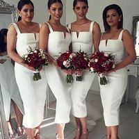 Simple Cheap Unique Bridesmaid Dresses, White Split Bridesmaid Dresses, Straight V Neck Sexy Tea Length Bridesmaid Dresses - Thumbnail 1