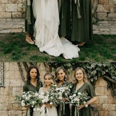 A-line v neck hunter green ankle length bridesmaid dresses - Thumbnail 4