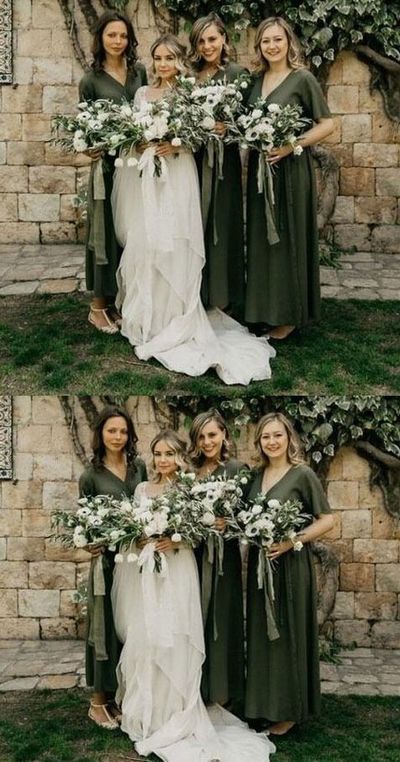 A-Line V Neck Hunter Green Ankle length Bridesmaid Dresses
