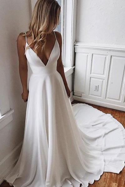 Elegant Simple V Neck Spaghetti Straps White Wedding Dresses with Lace