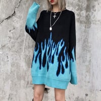 Blue Fire Flame Oversize Jumper Sweater - Thumbnail 1