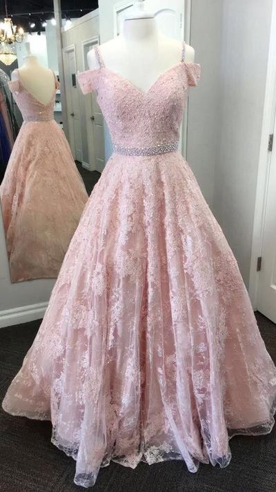 a line v neck off shoulder lace long prom dress, lace evening dress