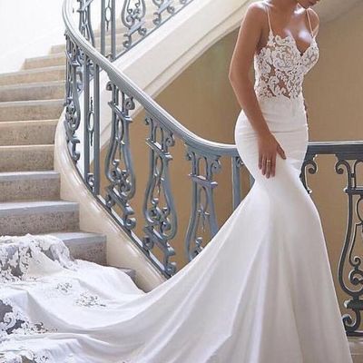 Elegant mermaid v neck spaghetti straps satin wedding dresses with appliques - Thumbnail 3