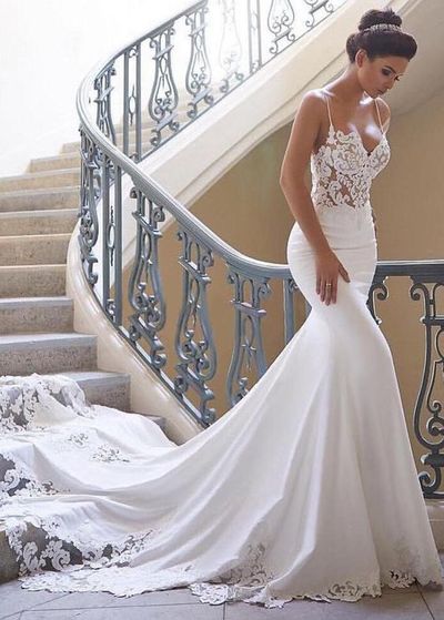 Elegant Mermaid V Neck Spaghetti Straps Satin Wedding Dresses with Appliques