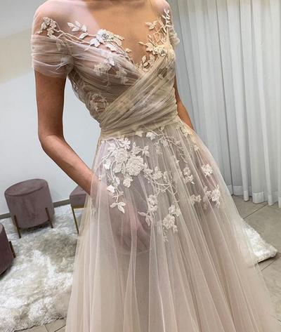 Light champagne tulle lace long prom dress, lace evening dress,509