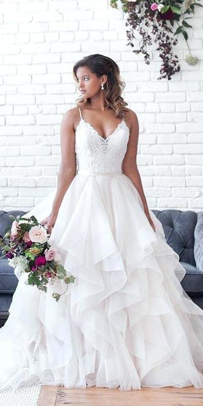White Lace Chiffon Wedding Dresses,Spaghetti Straps Floor Length Bridal Dresses ,510