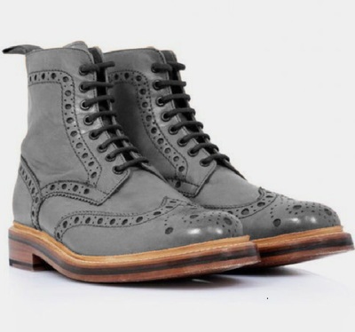 Mens Decent High Ankle Handmade Lace Up Fastening Gray Wingtip Oxfords Boot