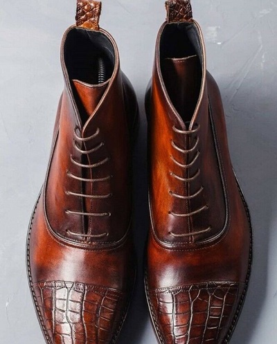 Handmade Men's Brown High Ankle Lace Up Crocodile Two Tone Leather Boots