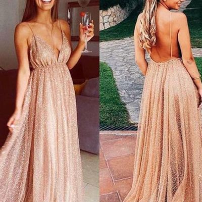 Sparkly a line v neck champagne sequins long prom dresses, evening party dresses - Thumbnail 3