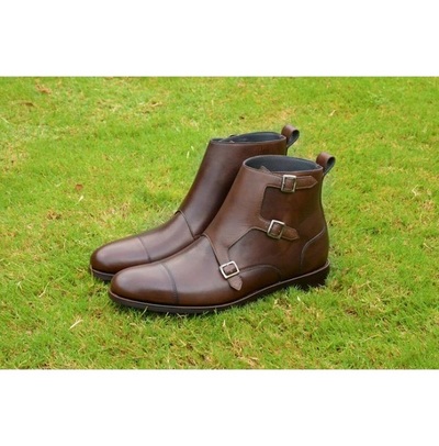 Handmade Men Brown Boots, Triple Monk Boot For , Leather Boots