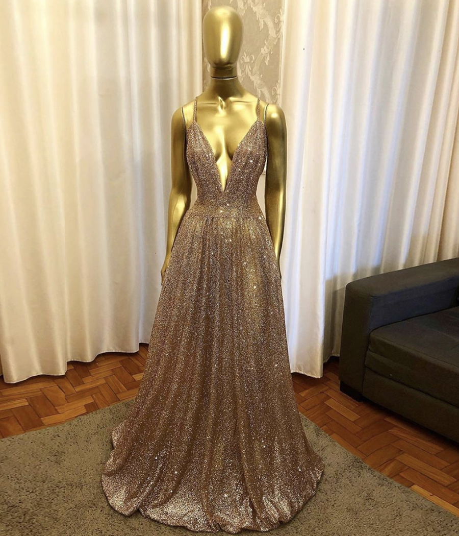 Gold sequins long prom dress evening dress