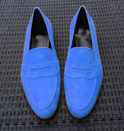 New Handmade Men Blue Casual Loafer Shoes In Suede