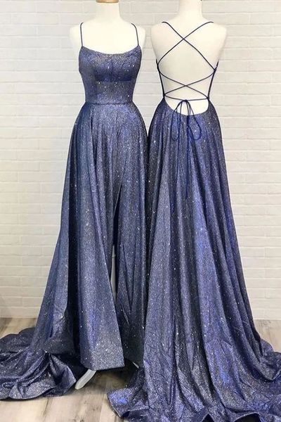Simple Blue Sparkly Satin Sweep Train Cross Back Prom Dress, Evening Party Dress