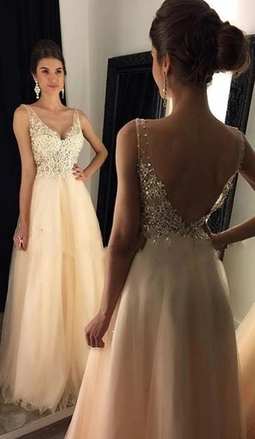 V-neck A-line Long Prom Dress with Applique and Beading Custom Made Formal Dress Fashion Dance Dress