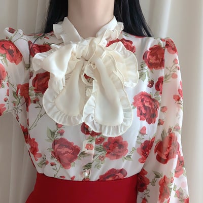 New bowknot floral chiffon shirt blouses