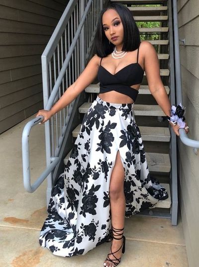 Two Piece Spaghetti Straps Floor-Length Black Printed Prom Dress with Split