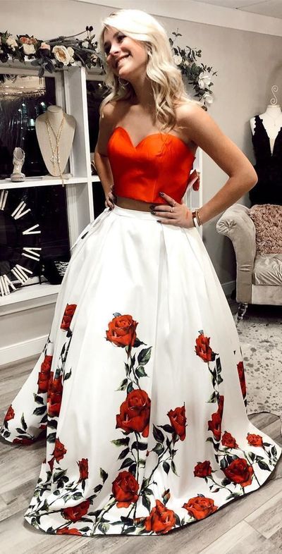 Two Piece Sweetheart Open Back Red Floral Printed Prom Dresses,Evening Party Dresses with Pockets