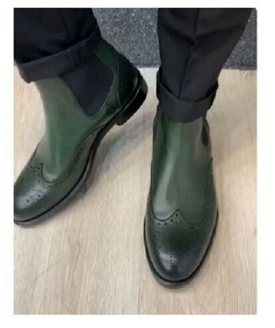 Handmade men green Wing tip brogue chelsea boot, mens formal dress boots