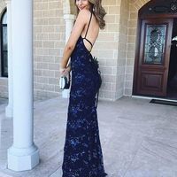 Sparkly Charming Mermaid V Neck Cross Back Navy Blue Sequins Prom Dresses, Evening Party Dresses - Thumbnail 2