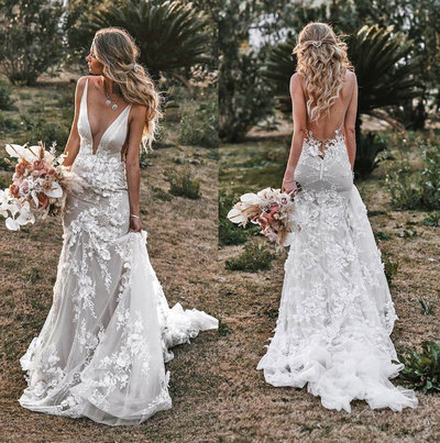 Deep V Neck Wedding Dresses Bridal Gown with 3D Flowers