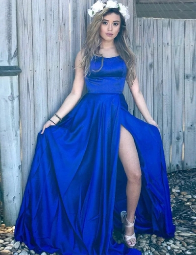 A-Line Spaghetti Straps Royal Blue Long Prom Dress