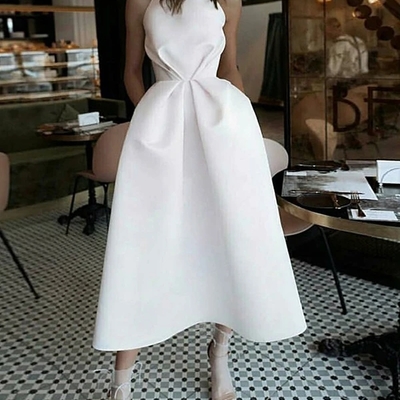 A-line tea-length white prom dress with pockets,simple wedding dresses - Thumbnail 2