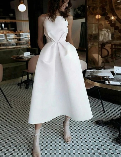 A-Line Tea-Length White Prom Dress with Pockets,Simple Wedding Dresses