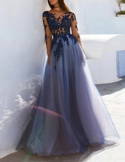 A-Line Long Sleeves Open Back Dark Blue Long Prom Dress