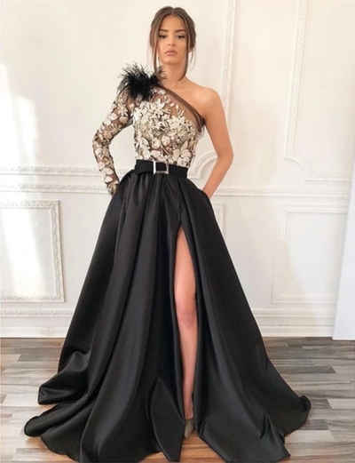 One Shoulder Long Sleeves Black Prom Dress with Belt Beading Evening Dress