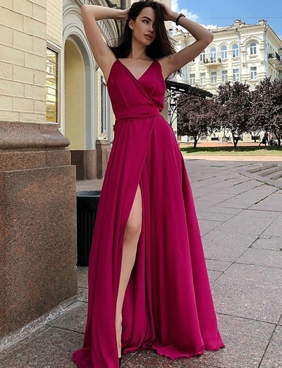 A-Line V Neck Spaghetti Straps Fuchsia Prom Dress with Split