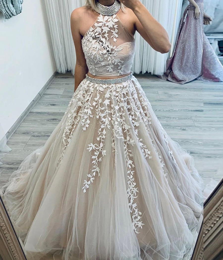 Two pieces lace long prom gown formal dress