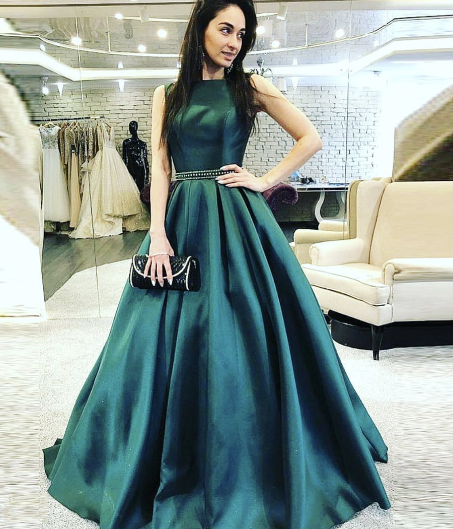 Green satin long prom dress evening dress
