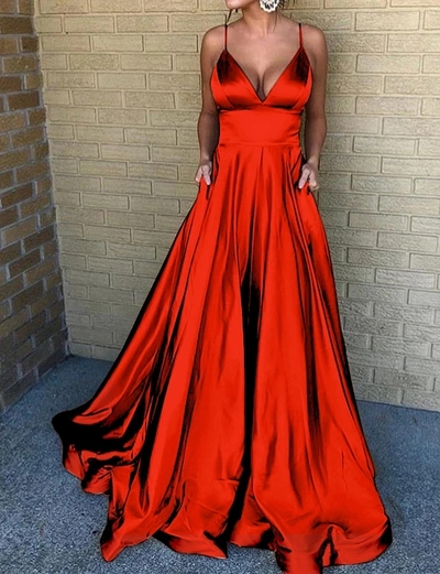 A-Line Spaghetti Straps Sweep Train Champagne Prom Dress with Pockets