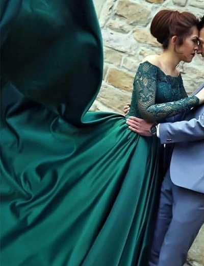 A-Line Off the Shoulder Long Sleeves Dark Green Prom Dress