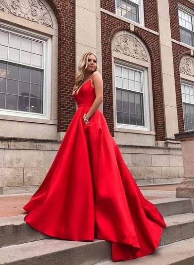 Gorgeous Ball Gown V Neck Cross Back Red Satin Long Prom Dresses