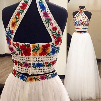 Cute & sweet a line two piece halter white prom dresses with appliques - Thumbnail 4