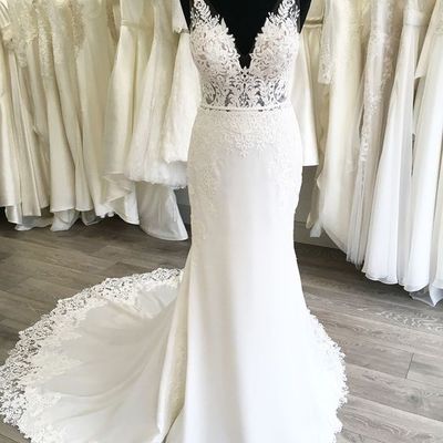 Fashion mermaid v neck open back white wedding dresses with lace - Thumbnail 2