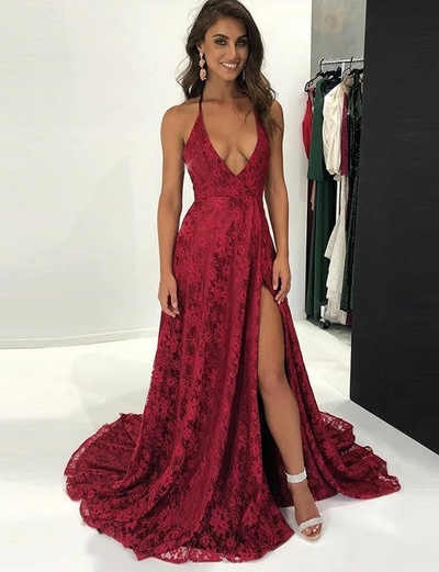 A-Line Halter Burgundy Lace Prom Dress with Split