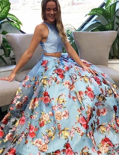 Two Piece Prom Dress A Line Sleeveless Long Blue Floral Prom Gown