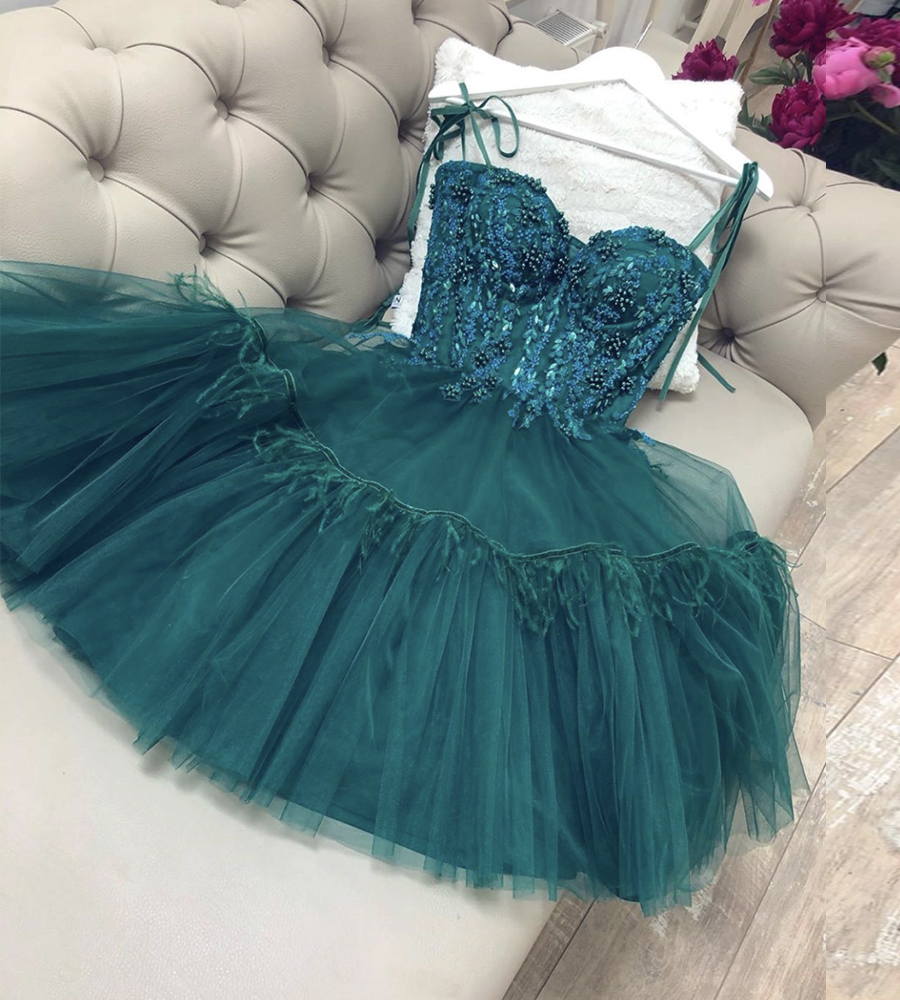Green tulle lace short prom dress
