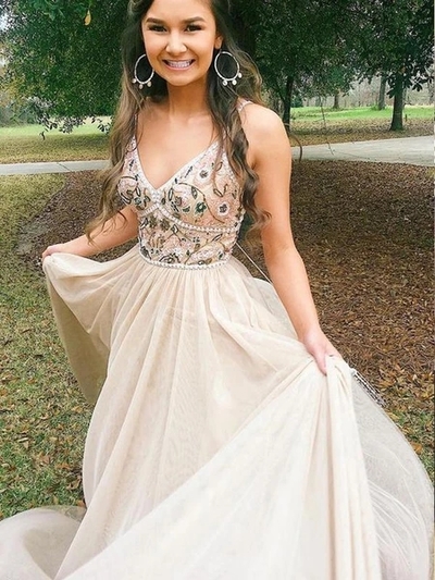 Unique Embroidered Backless Lace Up Tulle A Line Long Evening Prom Dresses