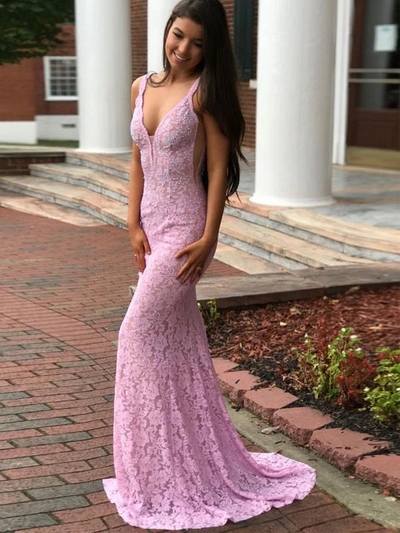 Fashion V Neck Open Back Full Lace Mermaid With Train Long Evening Prom Dresses