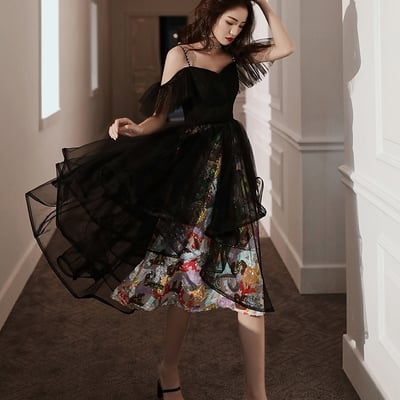 Unique design black tulle short prom dress - Thumbnail 3