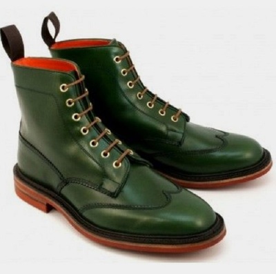 Handmade Men Green Leather Boots, Men’s Ankle High Wingtip Lace Up Boots