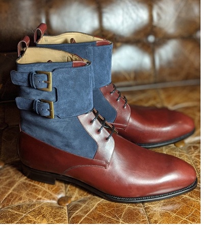 Handmade Blue Suede Burgundy Leather Buckle Lace Up Ankle High Boots for Men's