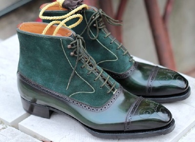 Handmade Men's Green Ankle Wing Tip Lace Up Leather Suede Cap Toe Handmade Boots