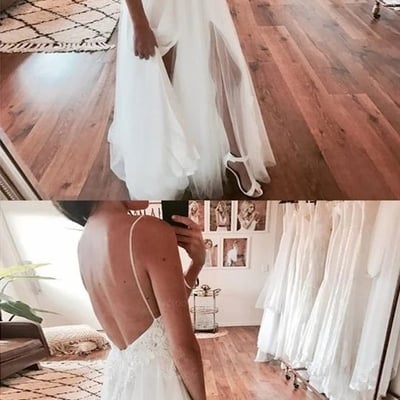 Spaghetti strap v neck open back side split long tulle wedding dresses bride gowns - Thumbnail 4