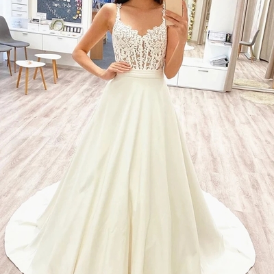 V neck white lace wedding dresses with train, v neck white lace prom formal evening dresses - Thumbnail 5