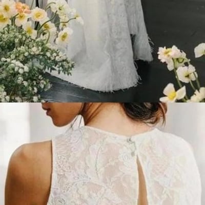 Two piece crew sleeveless sweep train open back ivory lace cheap wedding dresses  - Thumbnail 5