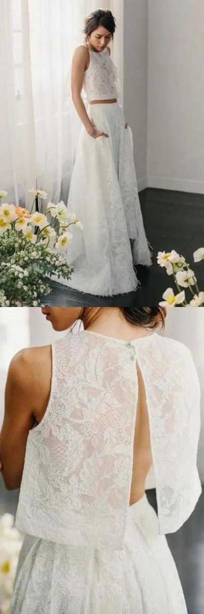 Two Piece Crew Sleeveless Sweep Train Open Back Ivory Lace Cheap Wedding Dresses